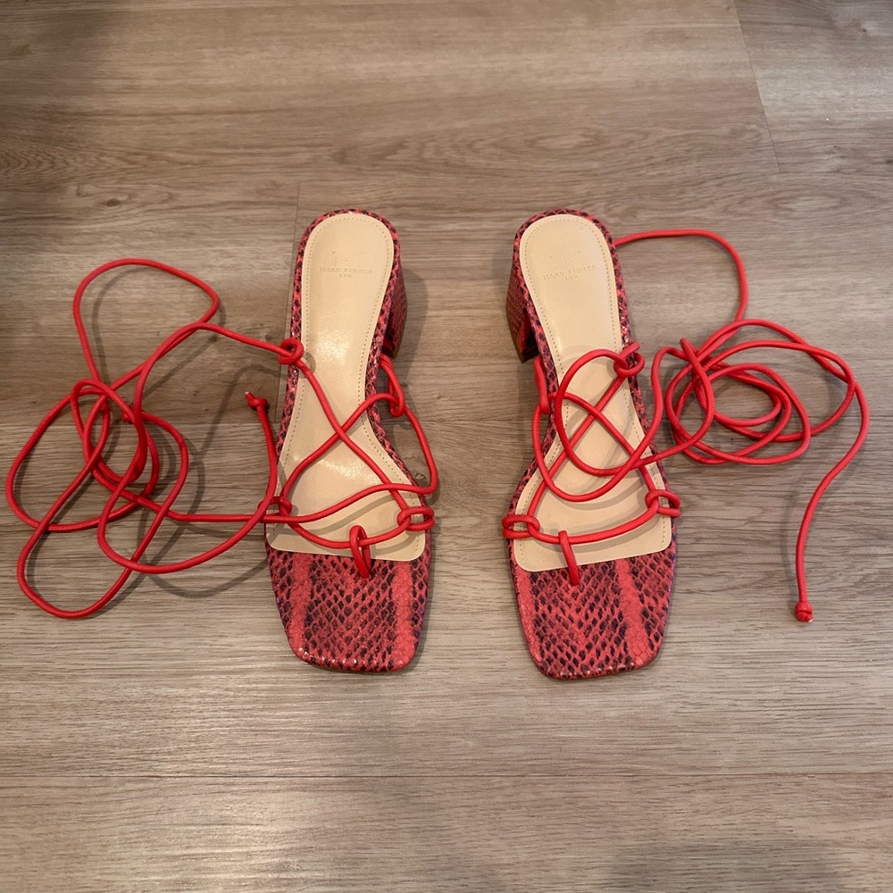MARC FISHER JACINDA SNAKESKIN CORAL LEATHER SQUARE TOE LACE UP SANDALS